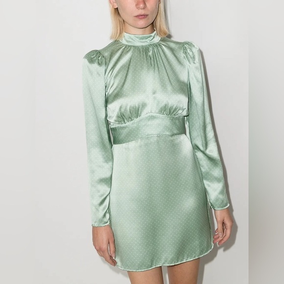 Reformation 100% Silk Samuel LS Mint Polka Dot Long Puff Sleeves Mini Dress 2 - Picture 10 of 17